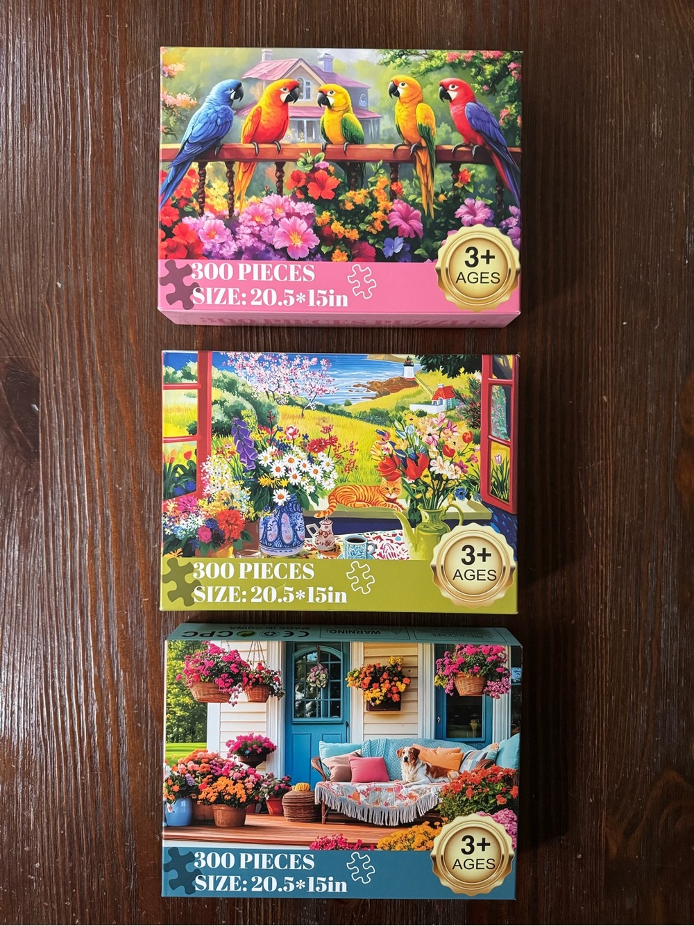 Set of 3 puzzles! 300 Pieces. 5A quality. parrots animals cat dog porch COMPLETE